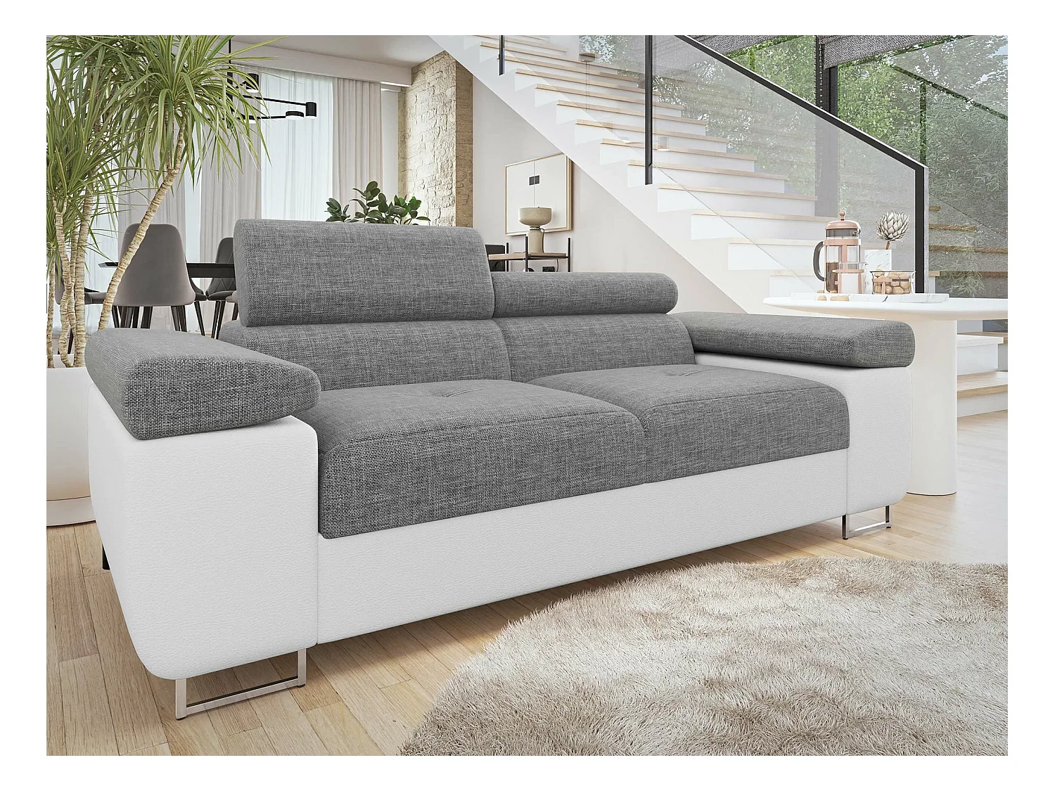 Canapé Comfivo Eliferu 105, Gris, 198x102x70cm, Faux cuir + Tapisserie, Pieds: Métal