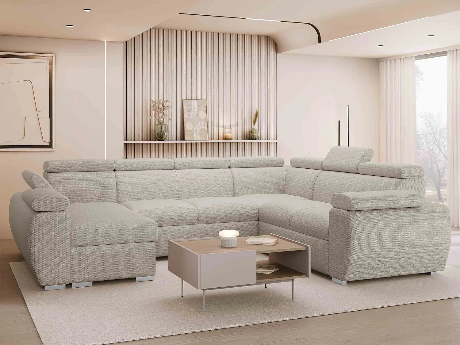 Canapé d'angle Columbus 214, Brun clair, Disponible, 325x260x85cm