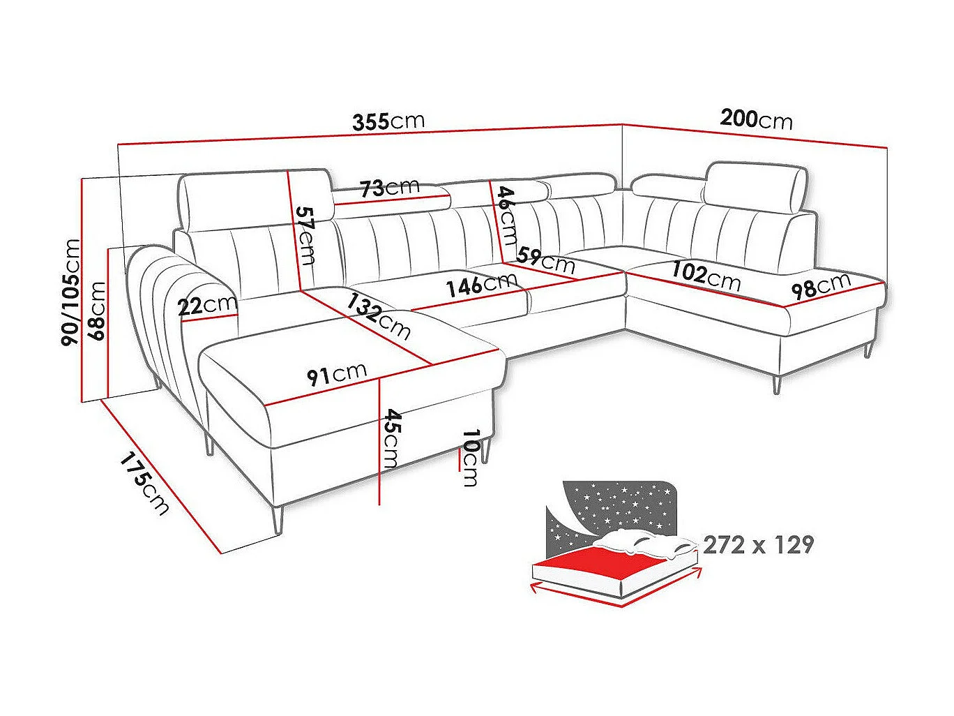 Sofá rinconero Temple 128, Verde, Función de descanso, Almacenaje, 355x200x90cm