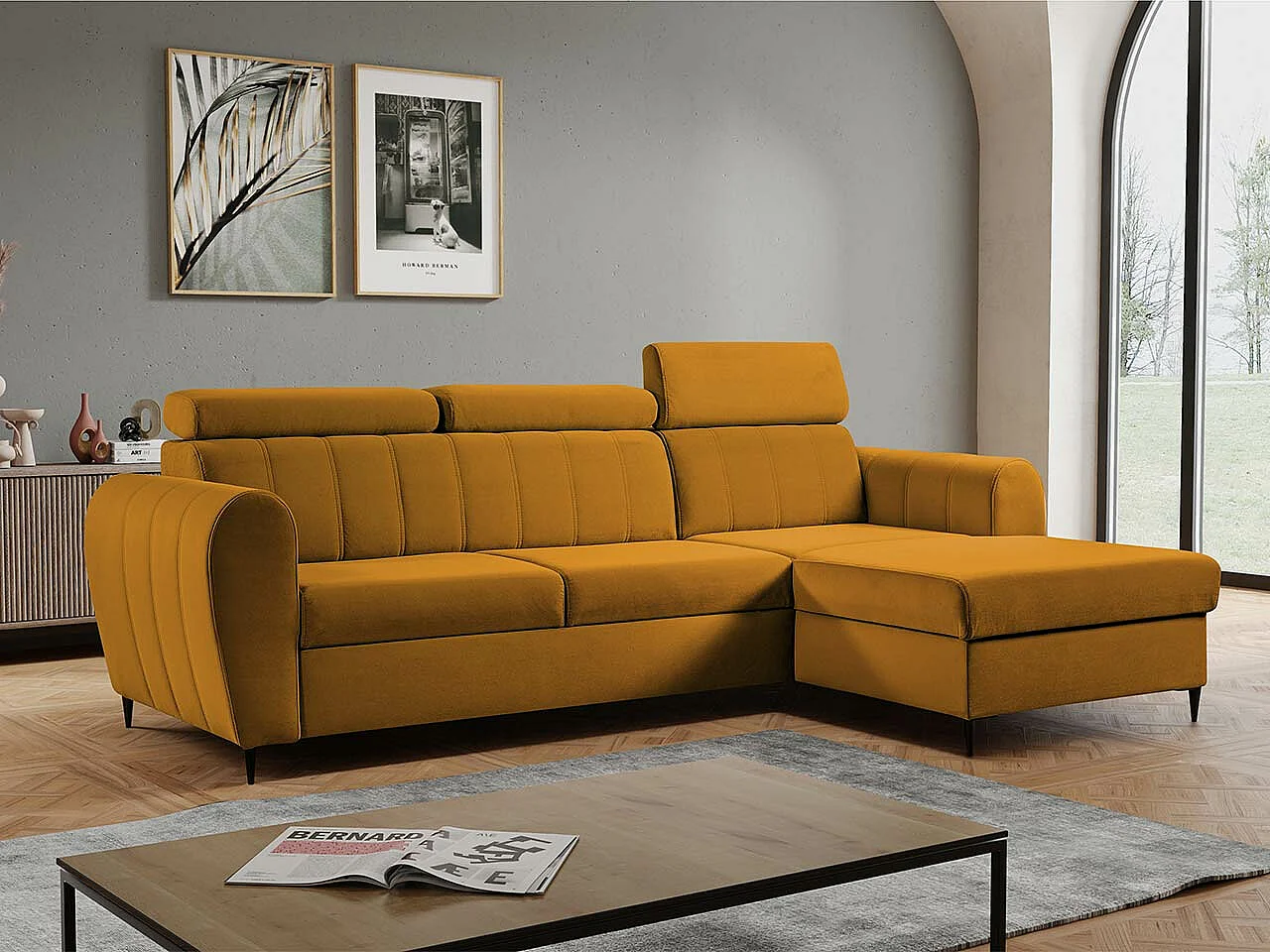 Sofá rinconero Temple 126, Amarillo, Función de descanso, Almacenaje, 262x175x90cm