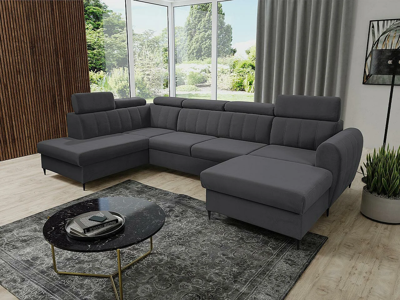 Sofá rinconero Temple 128, Gris, Función de descanso, Almacenaje, 355x200x90cm