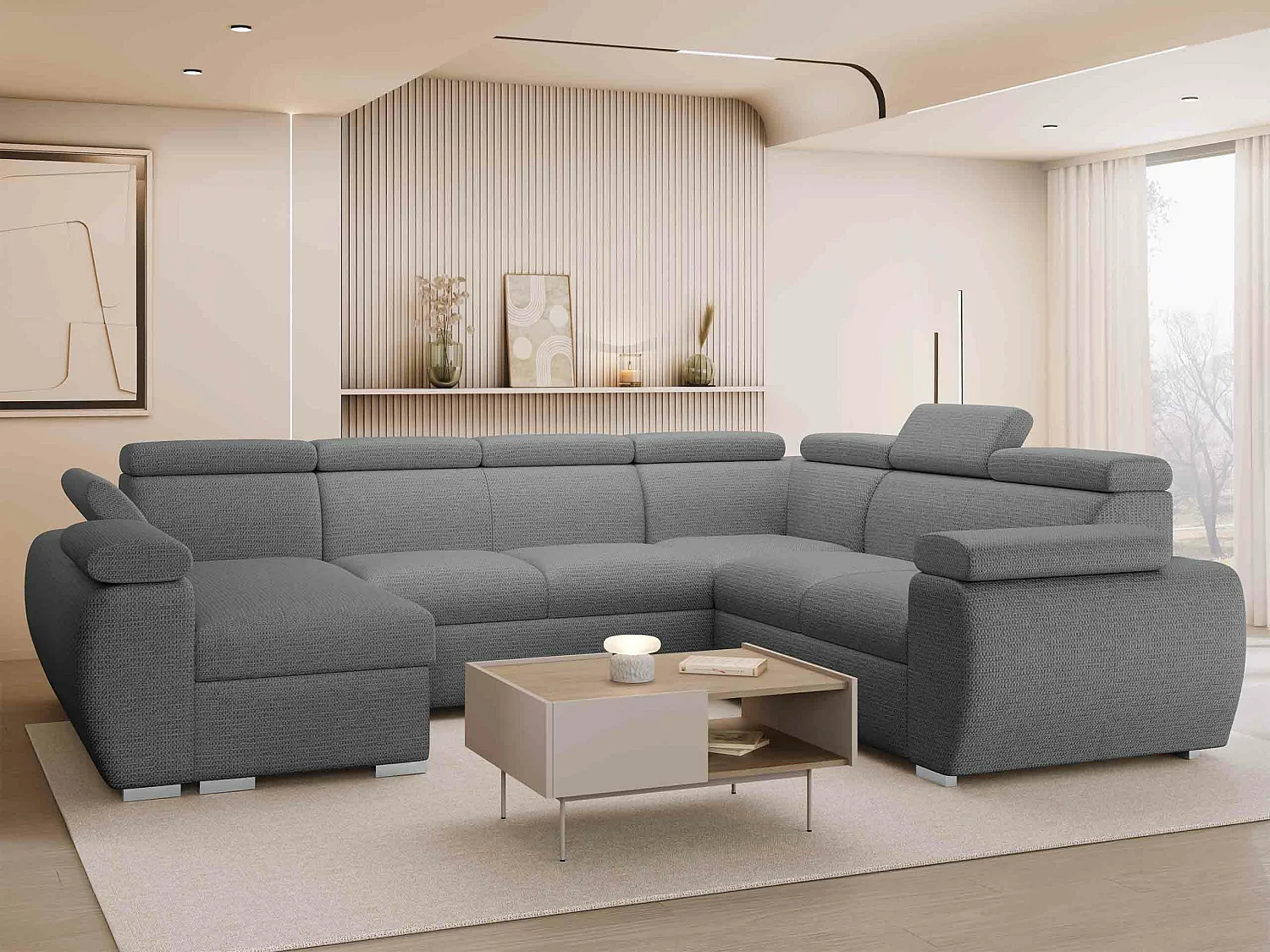 Canapé d'angle Columbus 214, Gris, Disponible, 325x260x85cm