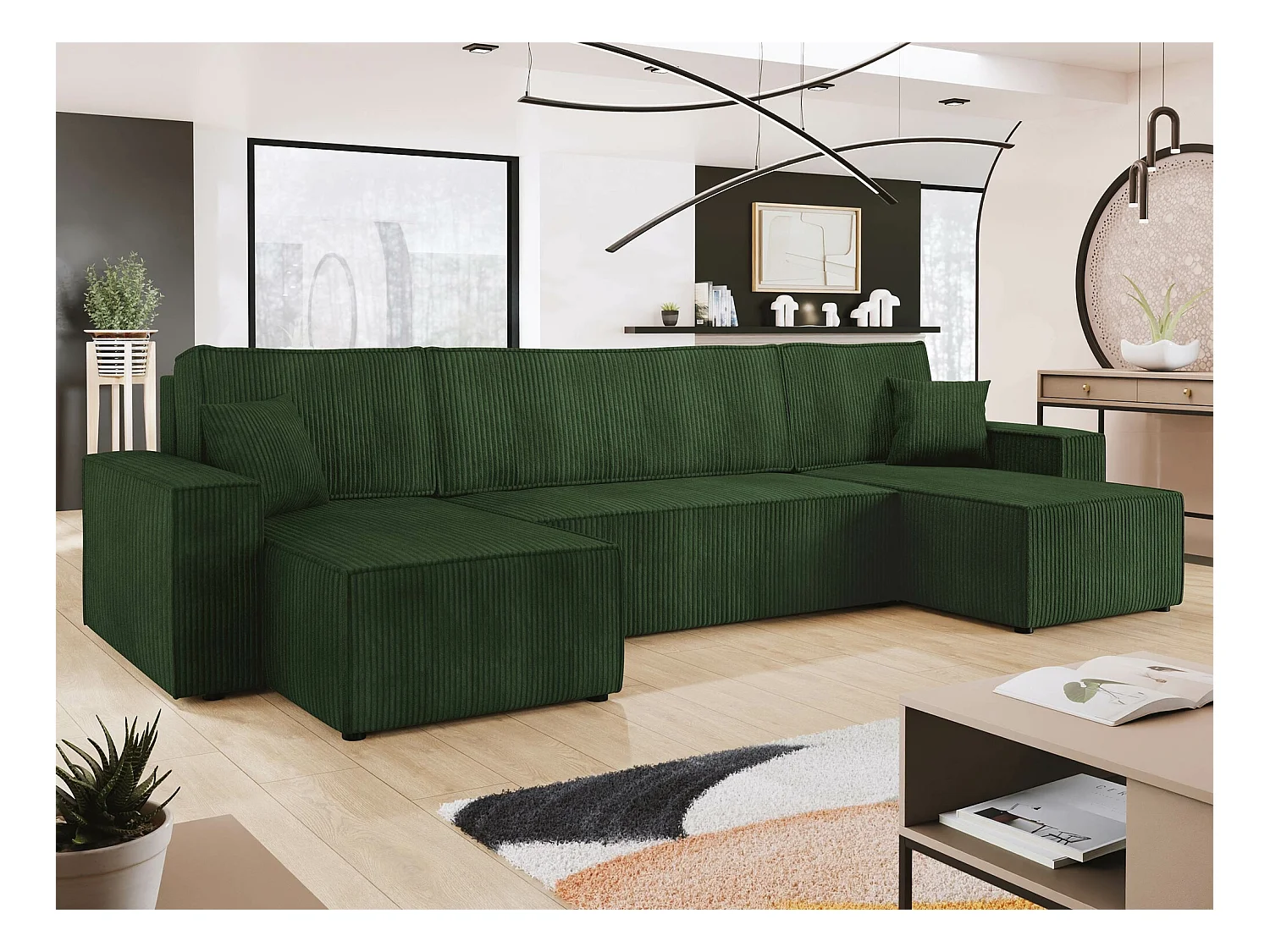 Canapé d'angle Shelton 101, Vert, Fonction de couchage, Boîte de literie, 312x145x82cm