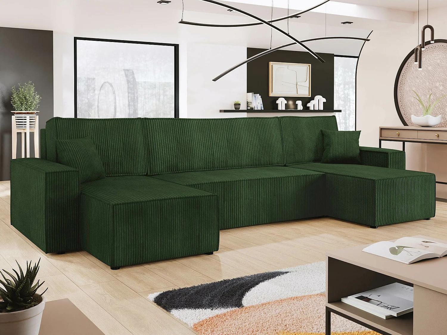 Sofá rinconero Shelton 101, Verde, Función de descanso, Almacenaje, 312x145x82cm