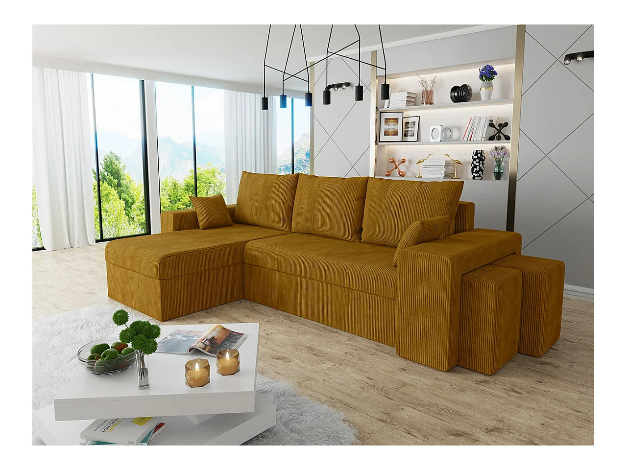 Canapé d'angle Memphis 138, Jaune, Fonction de couchage, Boîte de literie, 256x139x80cm