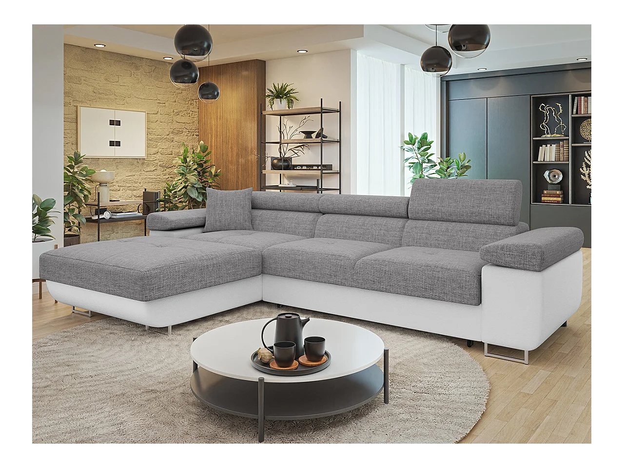 Canapé d'angle Comfivo Eliferu 102, Gris, Fonction de couchage, Boîte de literie, 280cm