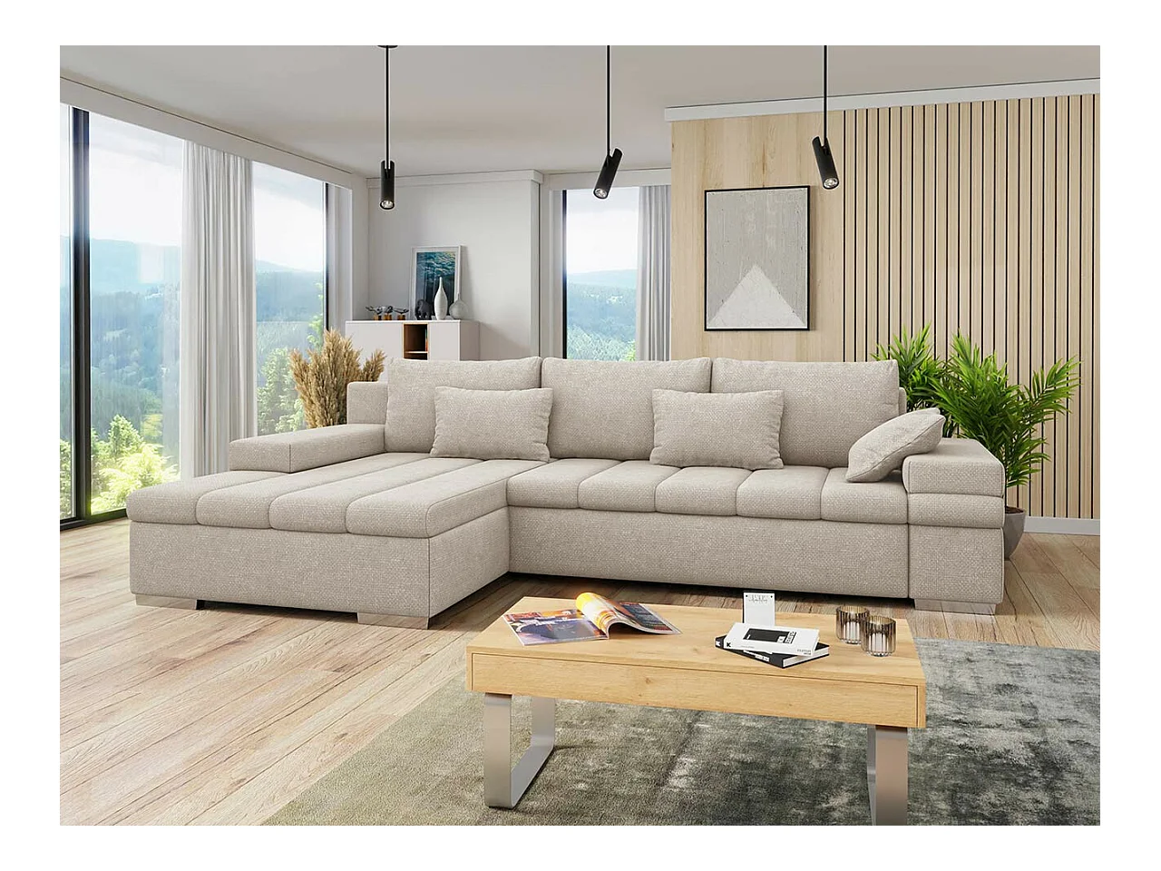 Canapé d'angle Comfivo 169, Brun clair, Fonction de couchage, Boîte de literie, 310x175cm