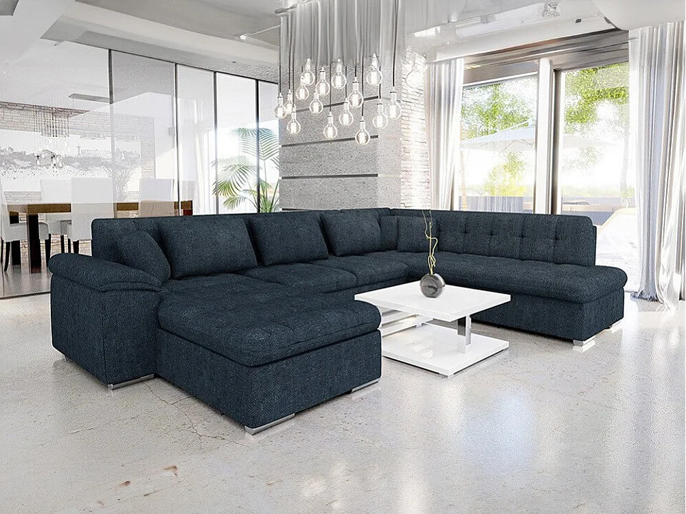 Canapé d'angle Comfivo 114, Bleu, Fonction de couchage, Boîte de literie, 348x205x76cm