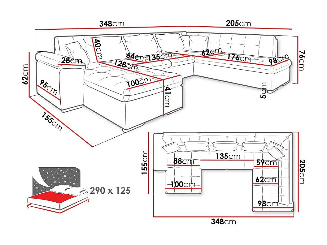 Canapé d'angle Comfivo 114, Bleu, Fonction de couchage, Boîte de literie, 348x205x76cm