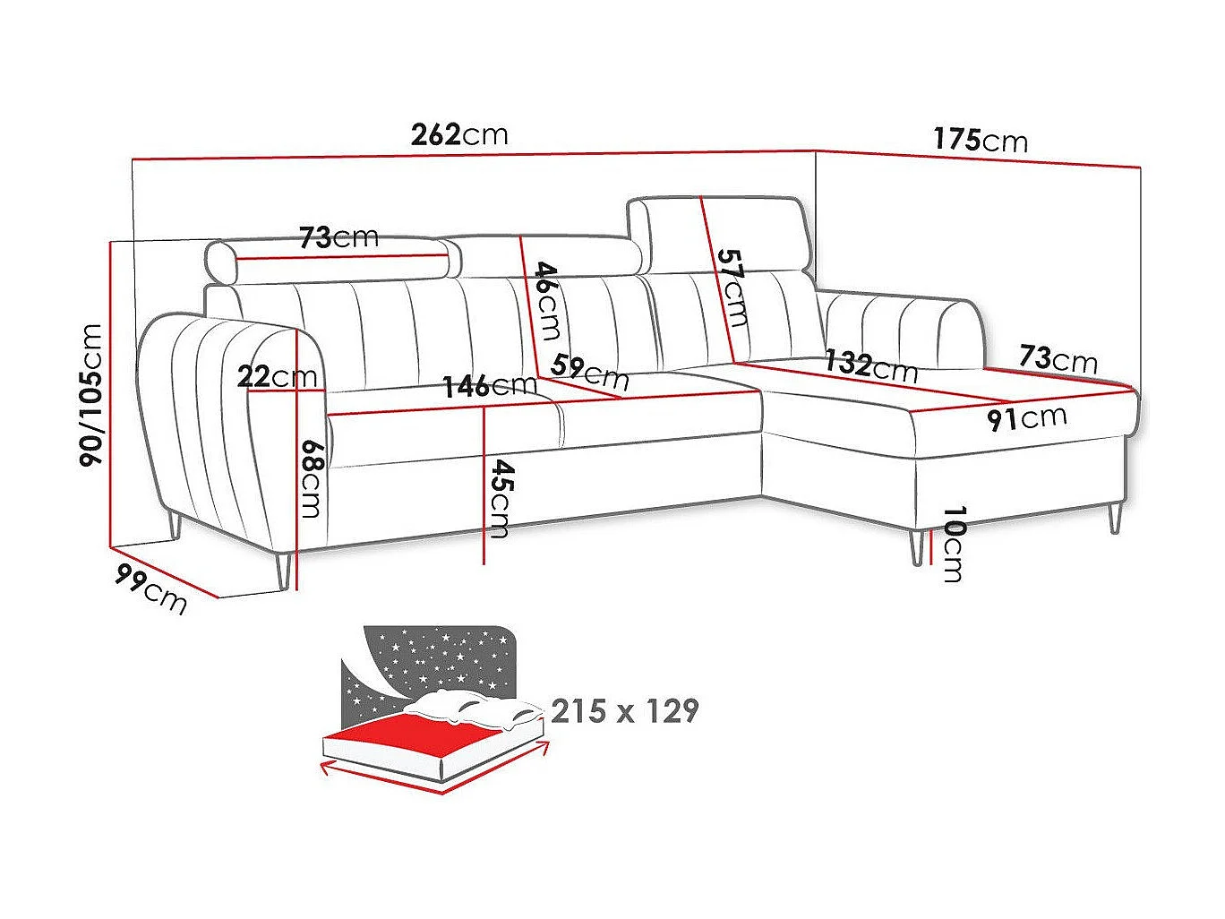 Canapé d'angle Temple 126, Brun clair, Fonction de couchage, Boîte de literie, 262x175cm