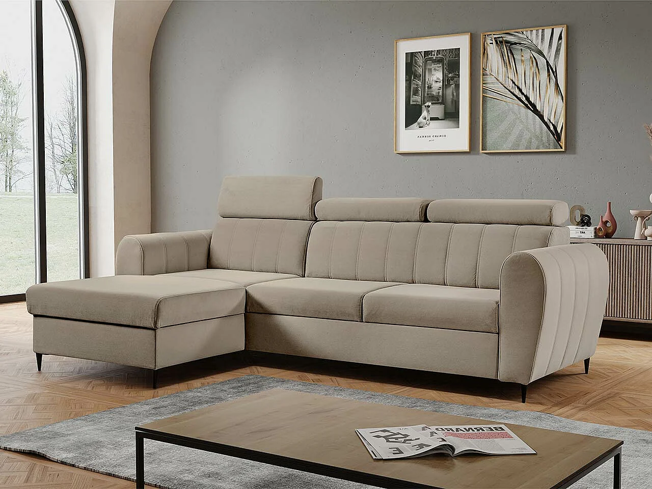 Sofá rinconero Temple 126, De color marrón claro, Función de descanso, Almacenaje, 262cm