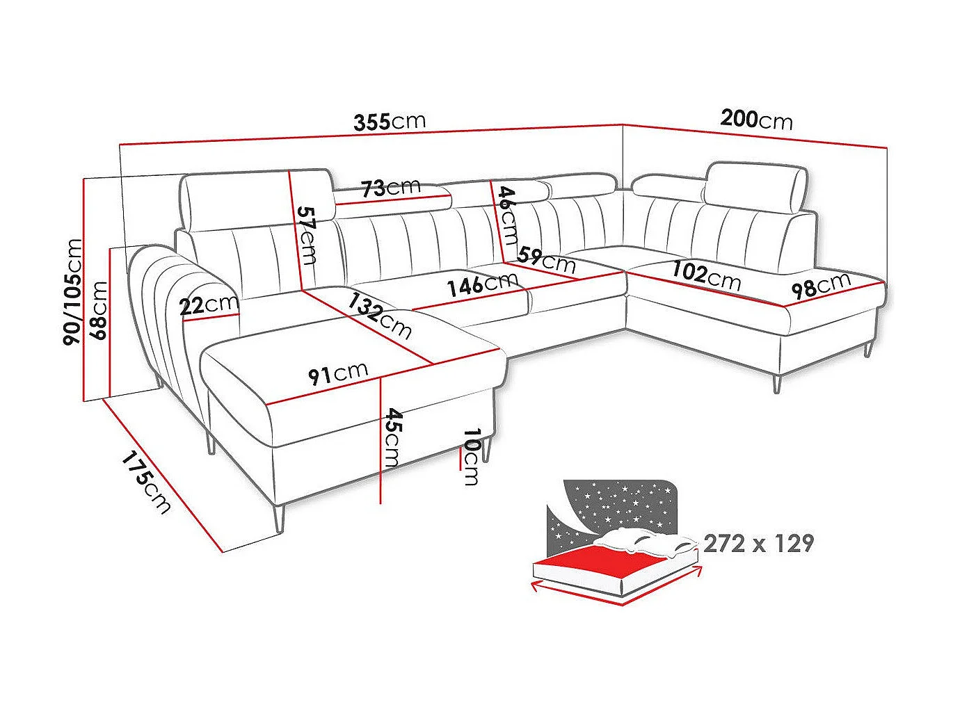 Sofá rinconero Temple 128, Rojo, Función de descanso, Almacenaje, 355x200x90cm