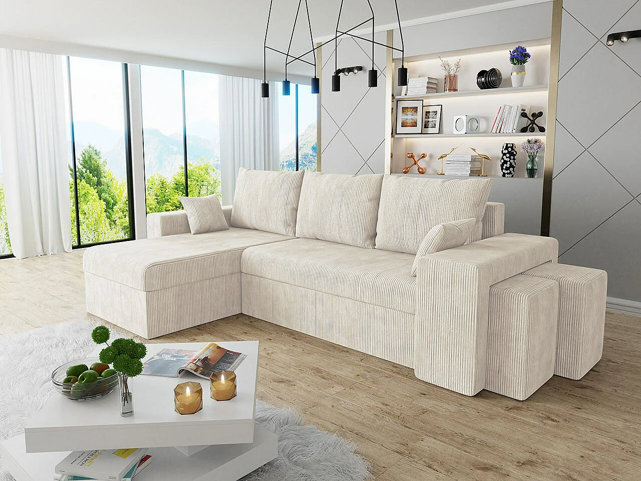 Canapé d'angle Memphis 138, Brun clair, Disponible, 256x139x80cm