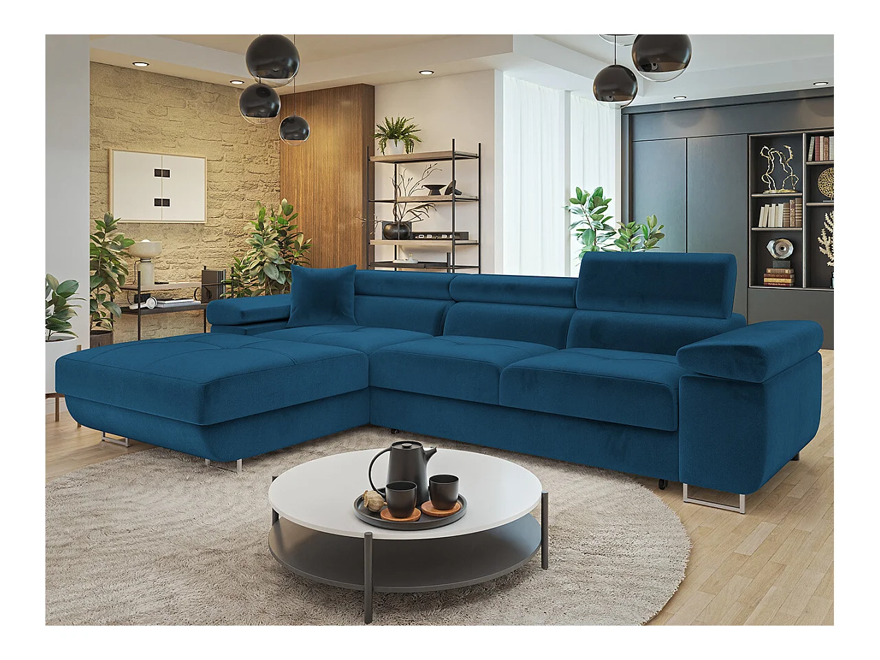 Canapé d'angle Comfivo Eliferu 102, Bleu, Fonction de couchage, Boîte de literie, 280cm