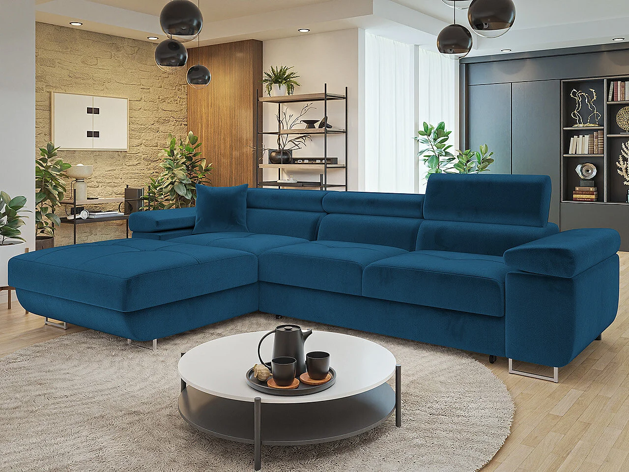 Sofá rinconero Comfivo Eliferu 102, Azul, Función de descanso, Almacenaje, 280x170x70cm