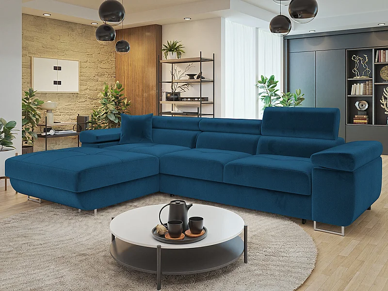 Sofá rinconero Comfivo Eliferu 102, Azul, Función de descanso, Almacenaje, 280x170x70cm