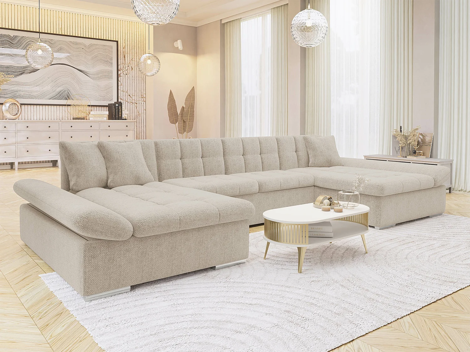 Sofá rinconero Comfivo 240, De color marrón claro, Función de descanso, Almacenaje, 360cm