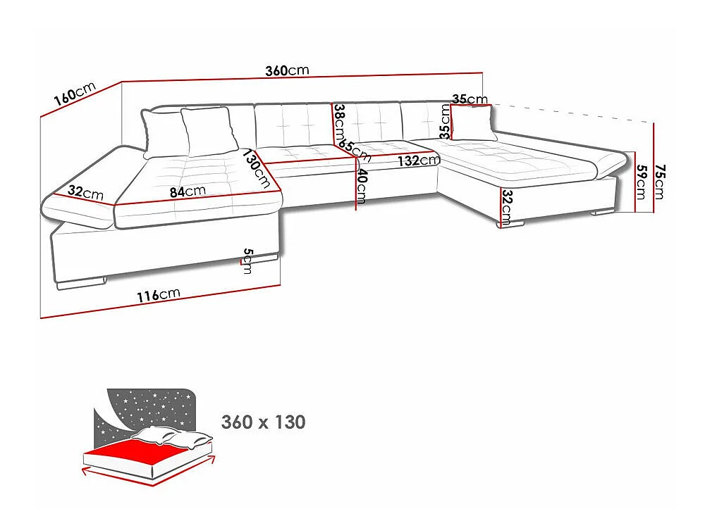 Canapé d'angle convertible 3 places en tissu brun 360x160x75 cm