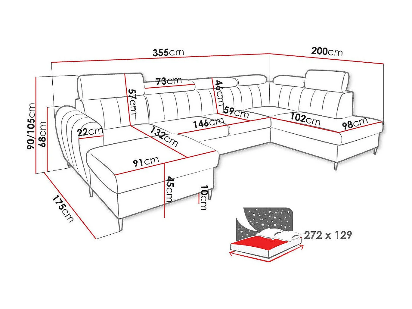 Sofá de canto Temple 128, Cinzento, Funcionalidade de dormir