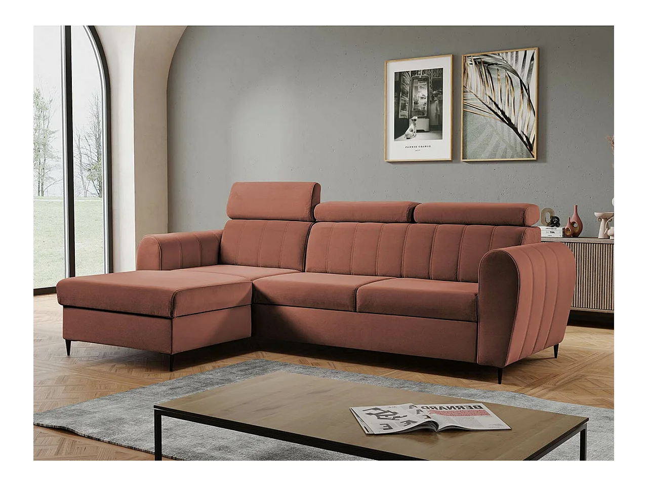Canapé d'angle Temple 126, Rose, Fonction de couchage, Boîte de literie, 262x175x90cm