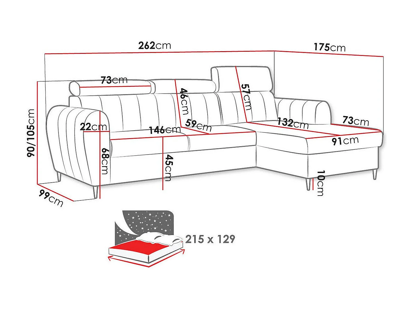Sofá rinconero Temple 126, Rosa, Función de descanso, Almacenaje, 262x175x90cm