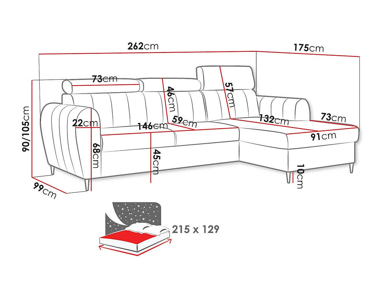 Canapé d'angle convertible 3 places en tissu rose TEMPLE 262x175x90 cm