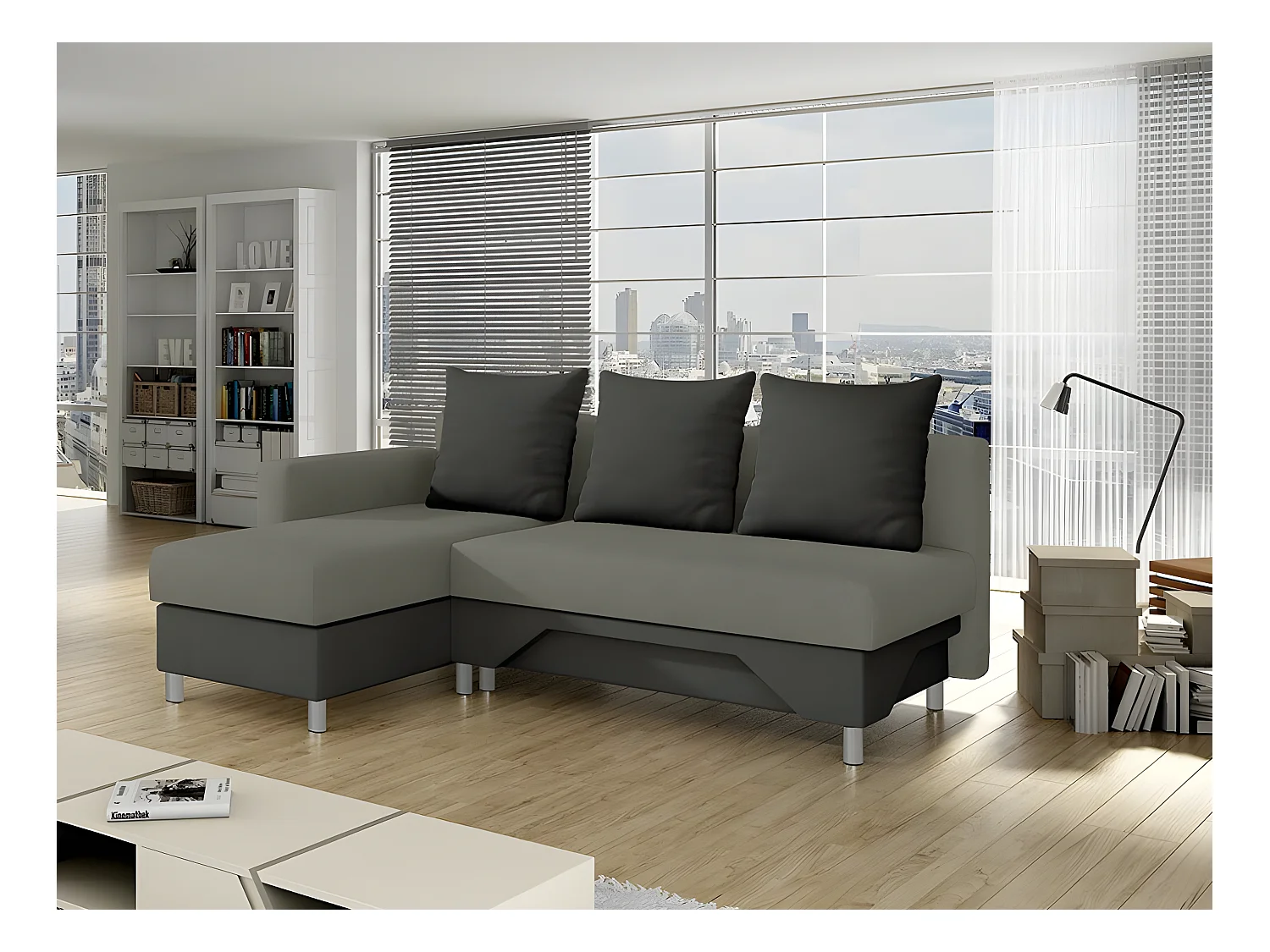 Canapé d'angle Akron 100, Gris, Fonction de couchage, Boîte de literie, 215x133x95cm