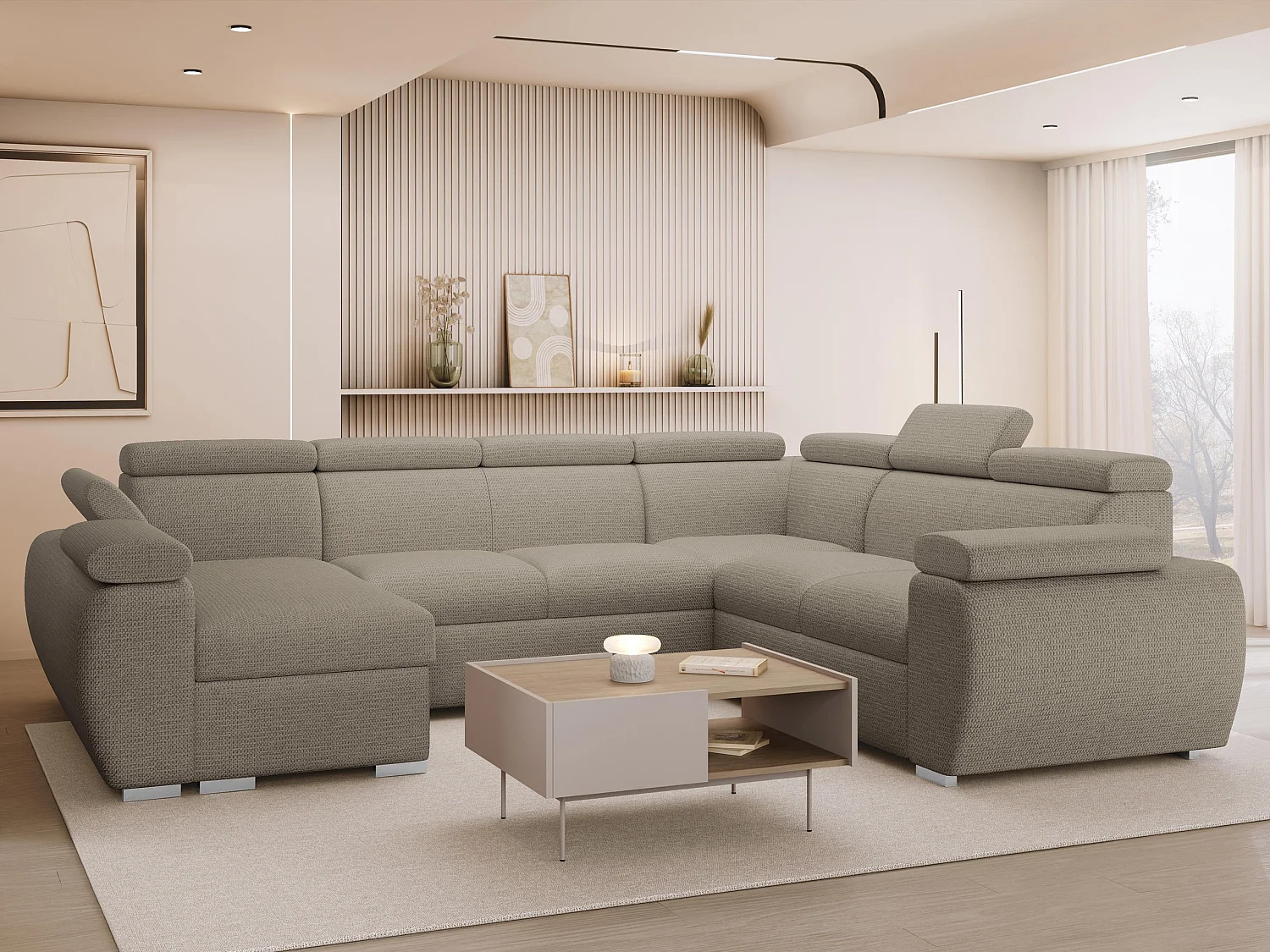 Canapé d'angle Columbus 214, Brun clair, Disponible, 325x260x85cm