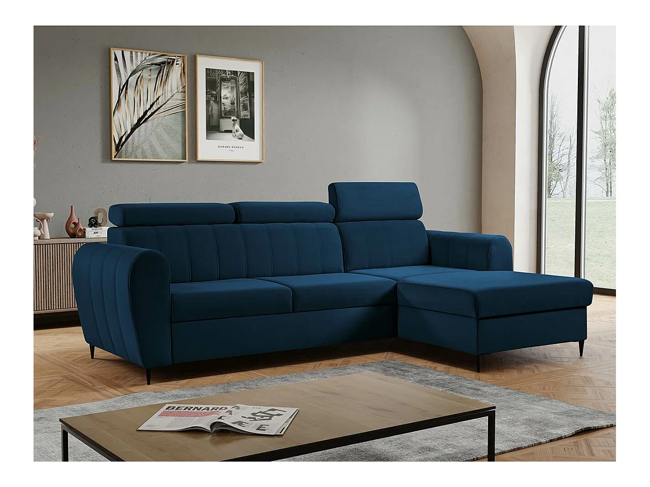 Canapé d'angle Temple 126, Bleu, Fonction de couchage, Boîte de literie, 262x175x90cm