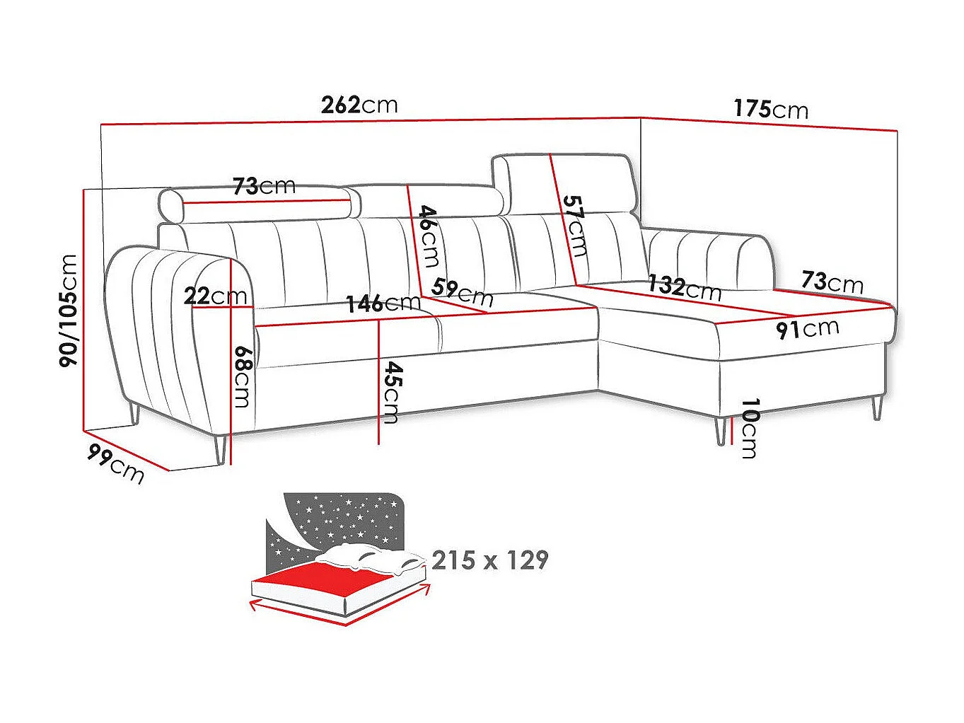 Sofá rinconero Temple 126, Azul, Función de descanso, Almacenaje, 262x175x90cm