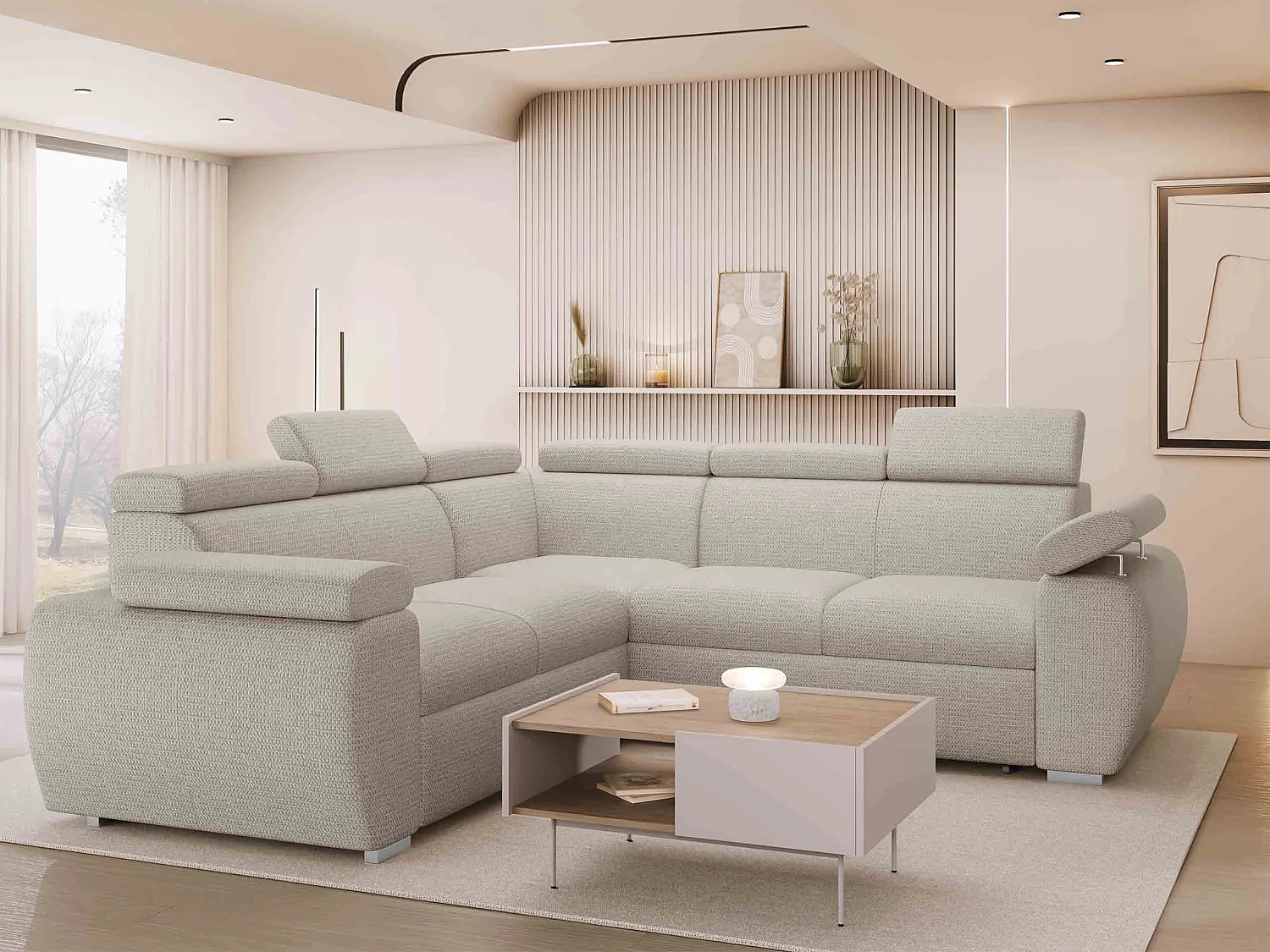 Sofá rinconero Columbus 215, De color marrón claro, Función de descanso, Almacenaje, 85cm