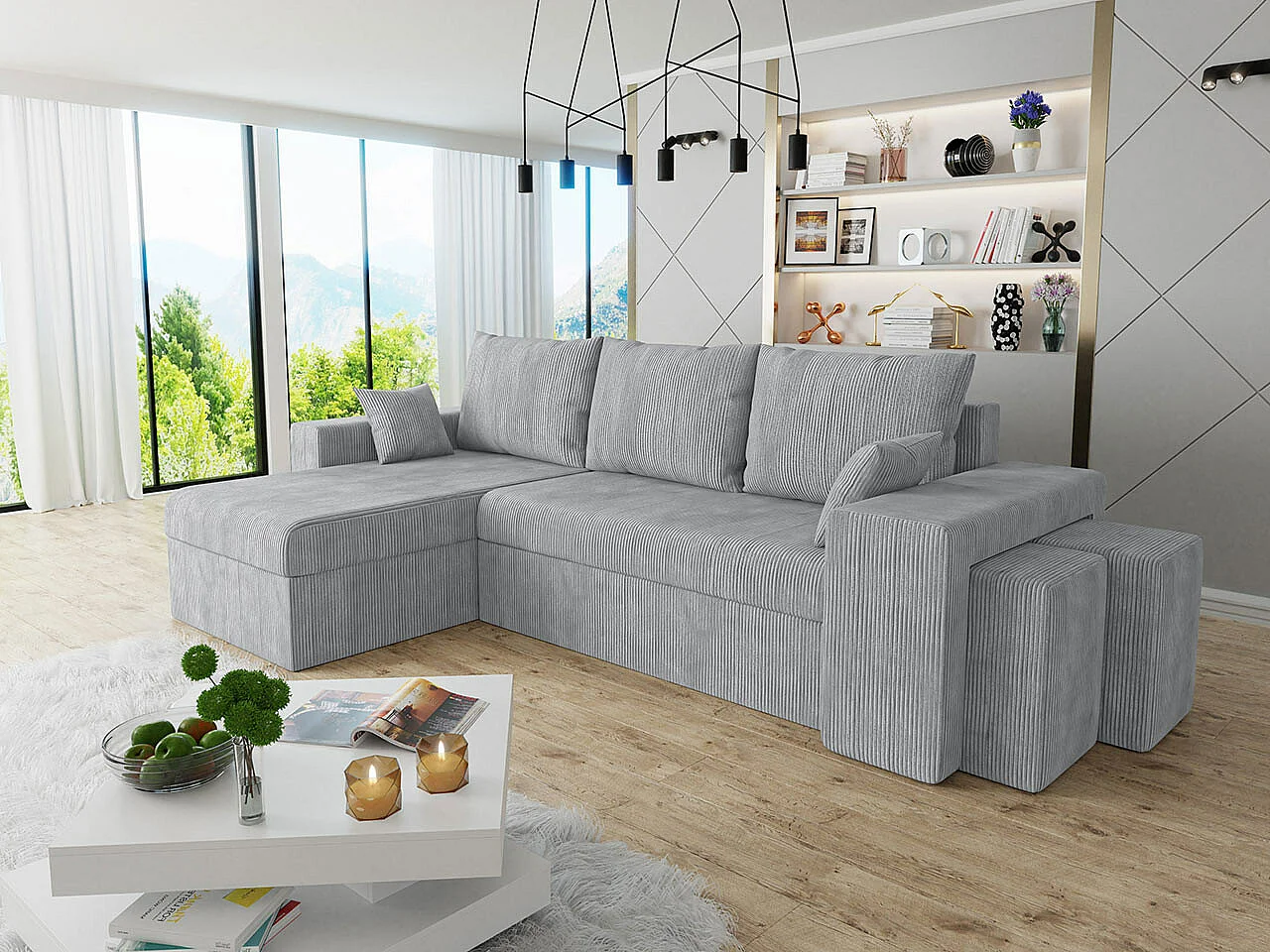 Canapé d'angle Memphis 138, Gris, Fonction de couchage, Boîte de literie, 256x139x80cm