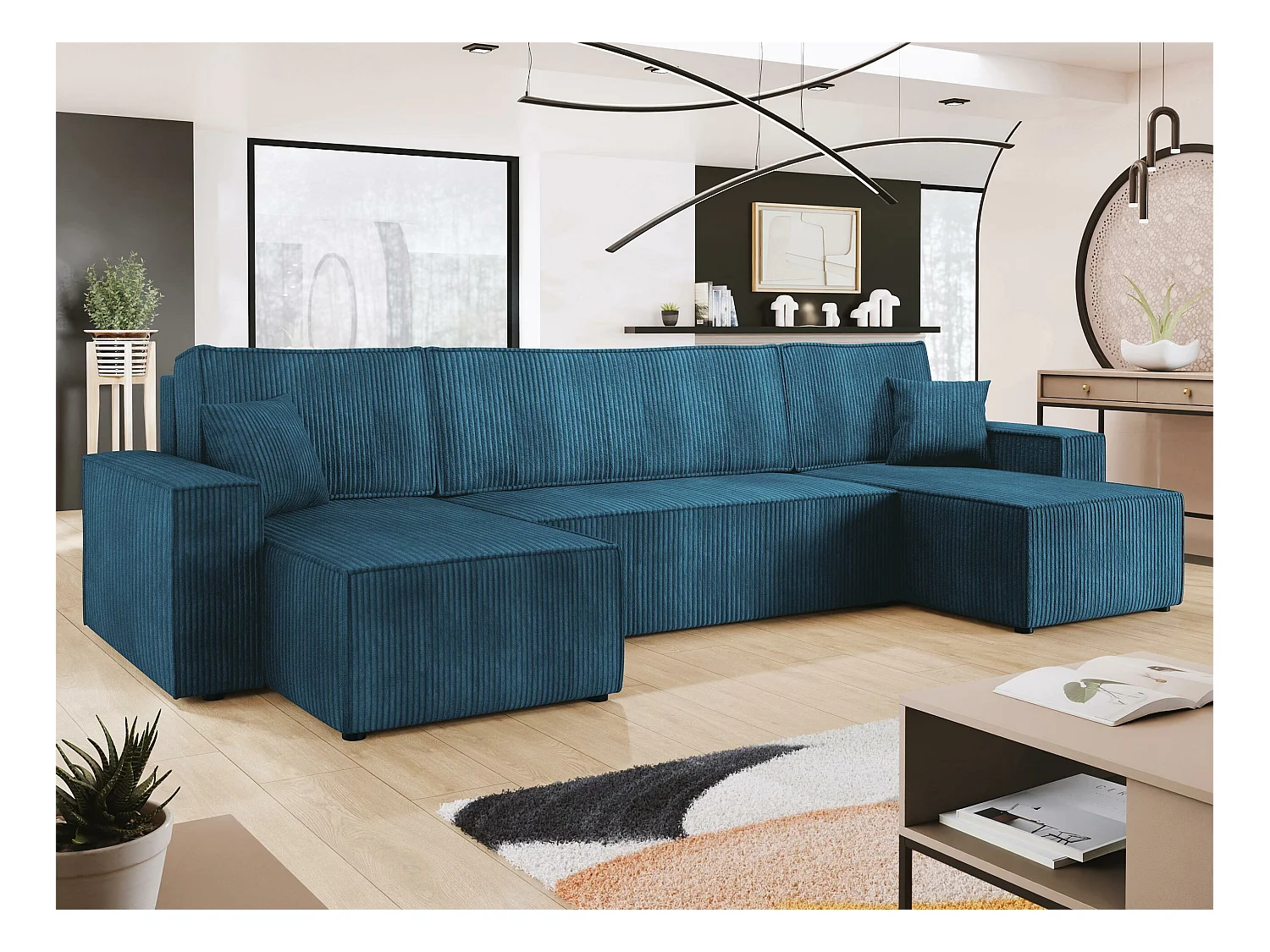 Canapé d'angle Shelton 101, Bleu, Fonction de couchage, Boîte de literie, 312x145x82cm