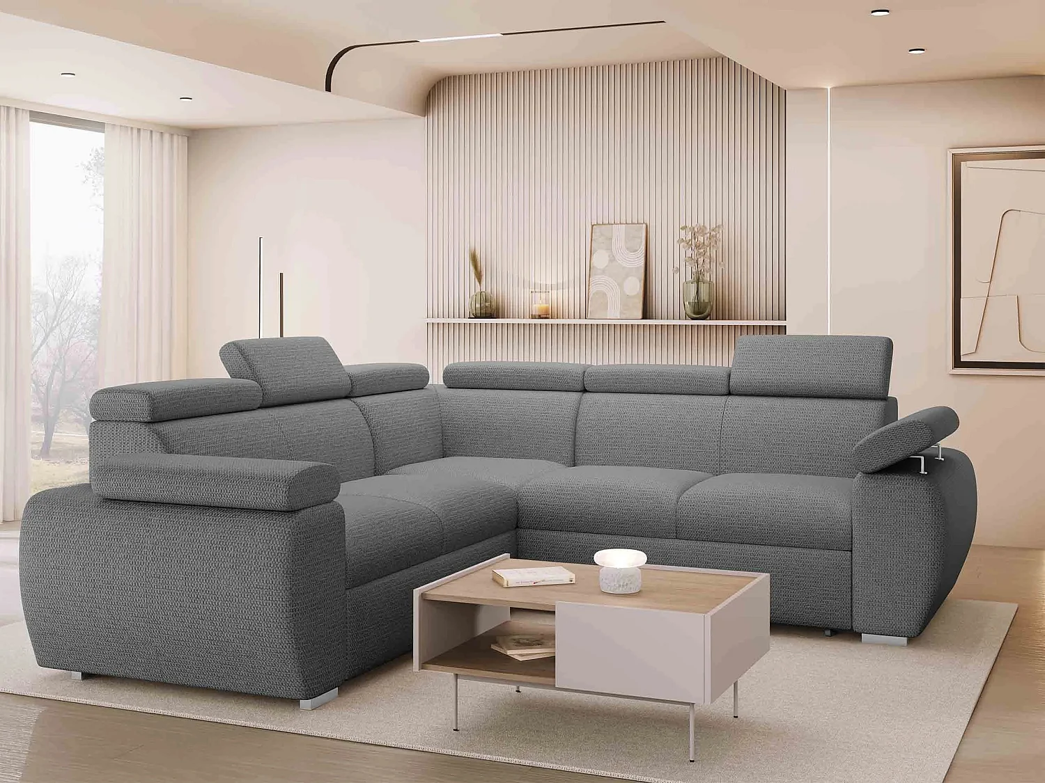 Canapé d'angle Columbus 215, Gris, Disponible, 260x260x85cm