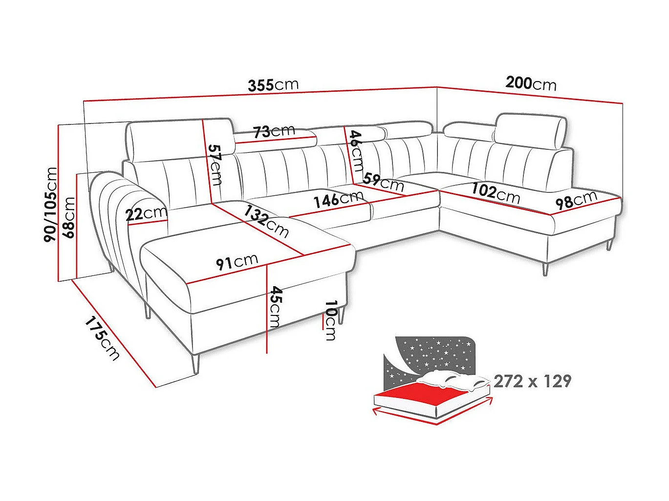 Sofá de canto Temple 128, Vermelho, Funcionalidade de dormir