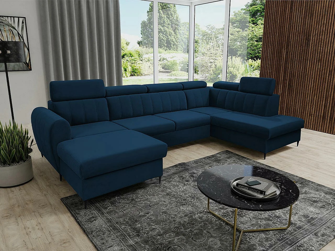Sofá rinconero Temple 128, Azul, Función de descanso, Almacenaje, 355x200x90cm