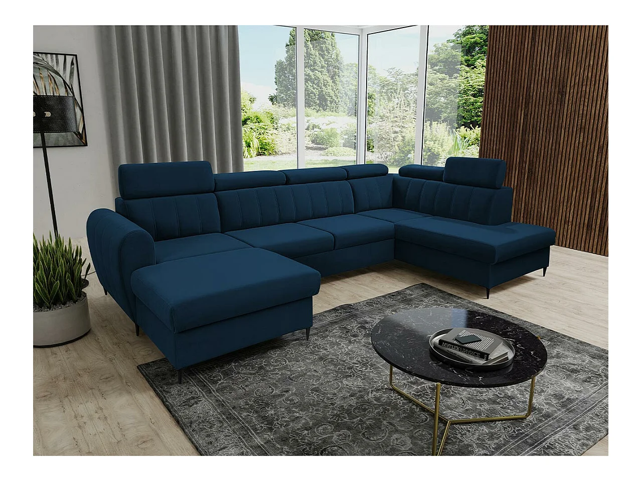 Canapé d'angle Temple 128, Bleu, Fonction de couchage, Boîte de literie, 355x200x90cm