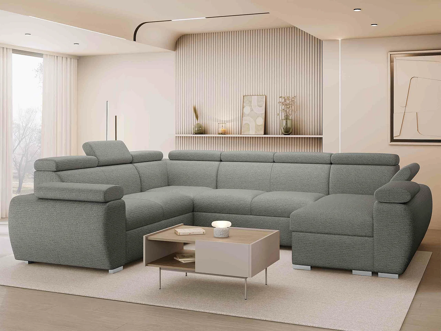 Canapé d'angle Columbus 214, Gris clair, Disponible, 325x260x85cm