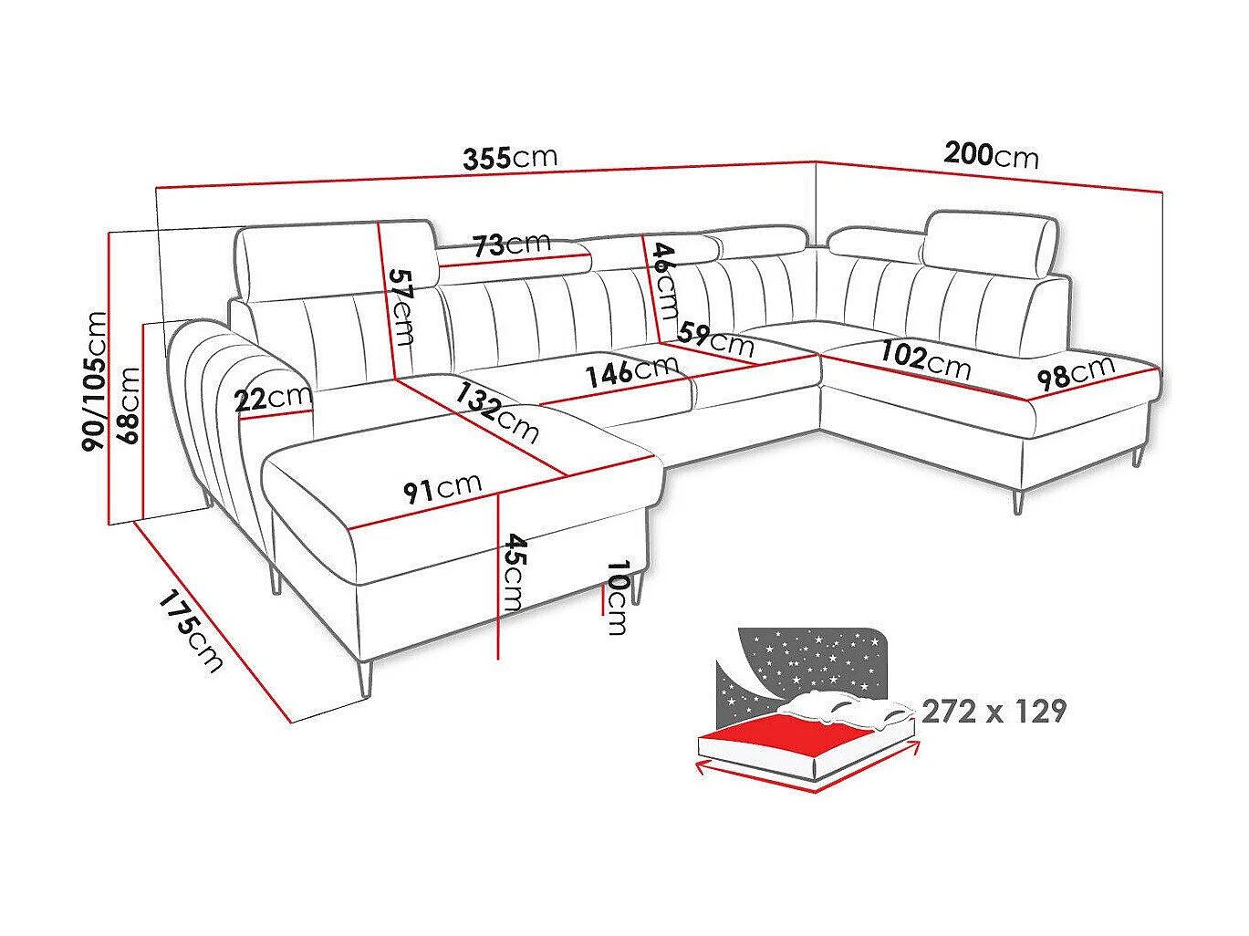 Sofá rinconero Temple 128, Verde, Función de descanso, Almacenaje, 355x200x90cm