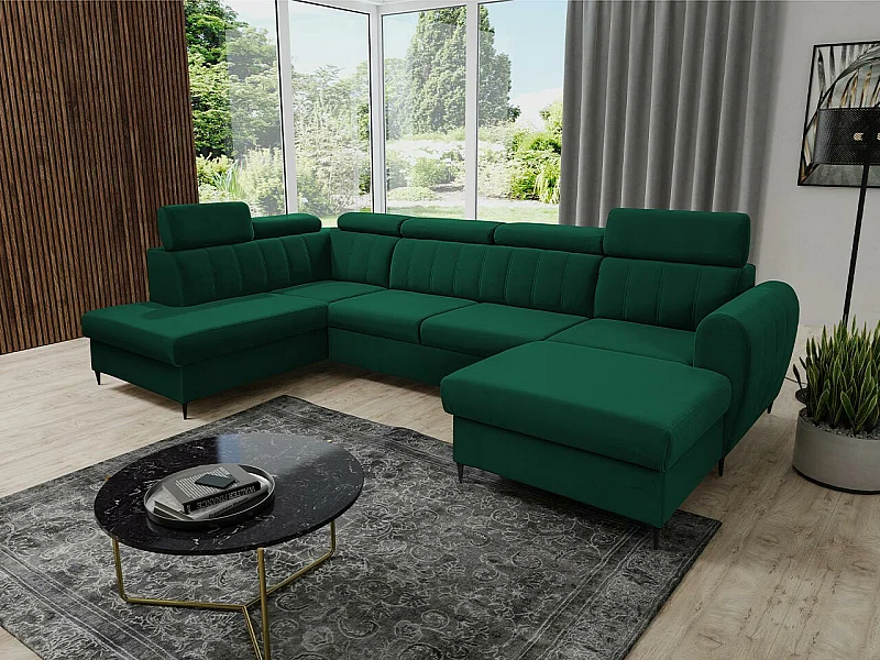 Sofá rinconero Temple 128, Verde, Función de descanso, Almacenaje, 355x200x90cm