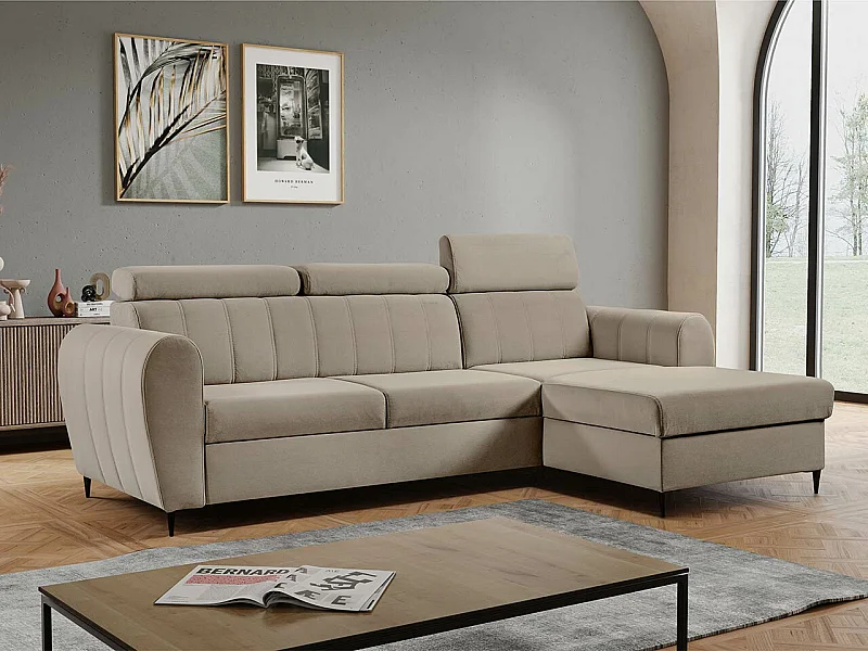 Canapé d'angle Temple 126, Brun clair, Fonction de couchage, Boîte de literie, 262x175cm