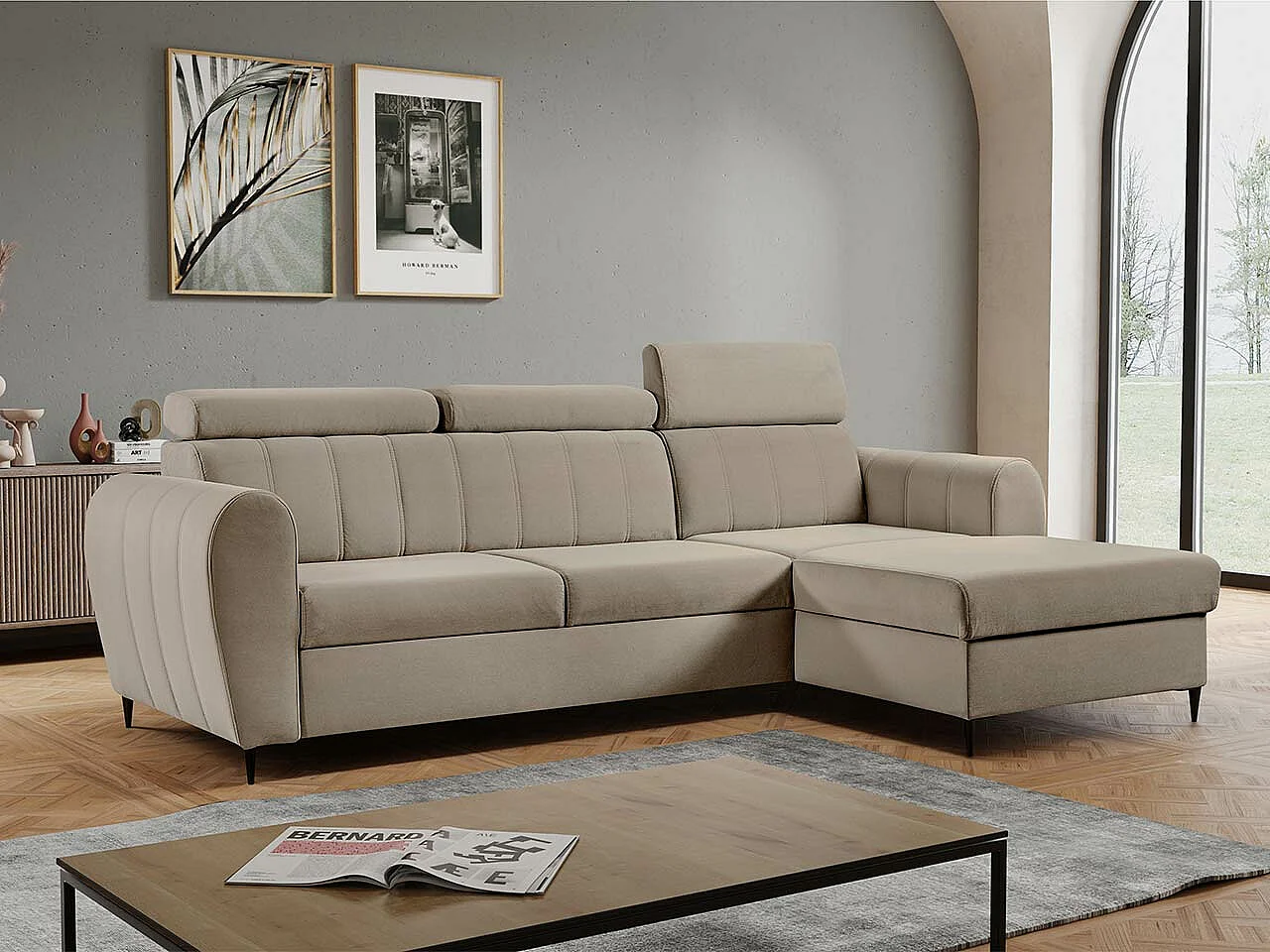 Canapé d'angle Temple 126, Brun clair, Fonction de couchage, Boîte de literie, 262x175cm