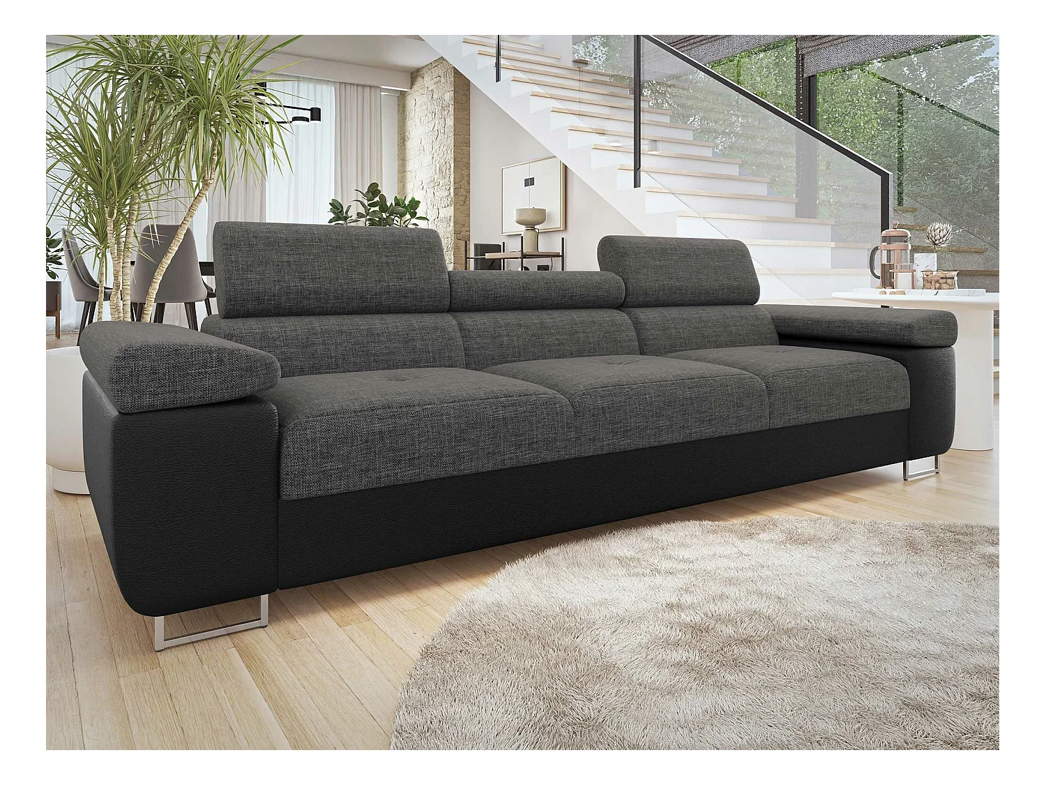 Canapé Comfivo Eliferu 104, Gris, 263x102x70cm, Faux cuir + Tapisserie, Pieds: Métal
