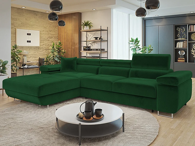 Sofá rinconero Comfivo Eliferu 102, Verde, Función de descanso, Almacenaje, 280x170x70cm