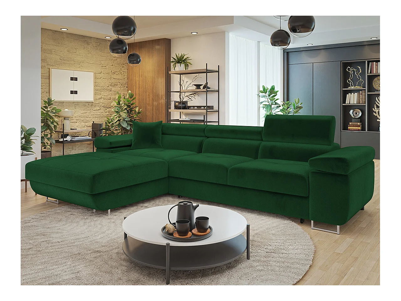 Canapé d'angle Comfivo Eliferu 102, Vert, Fonction de couchage, Boîte de literie, 280cm