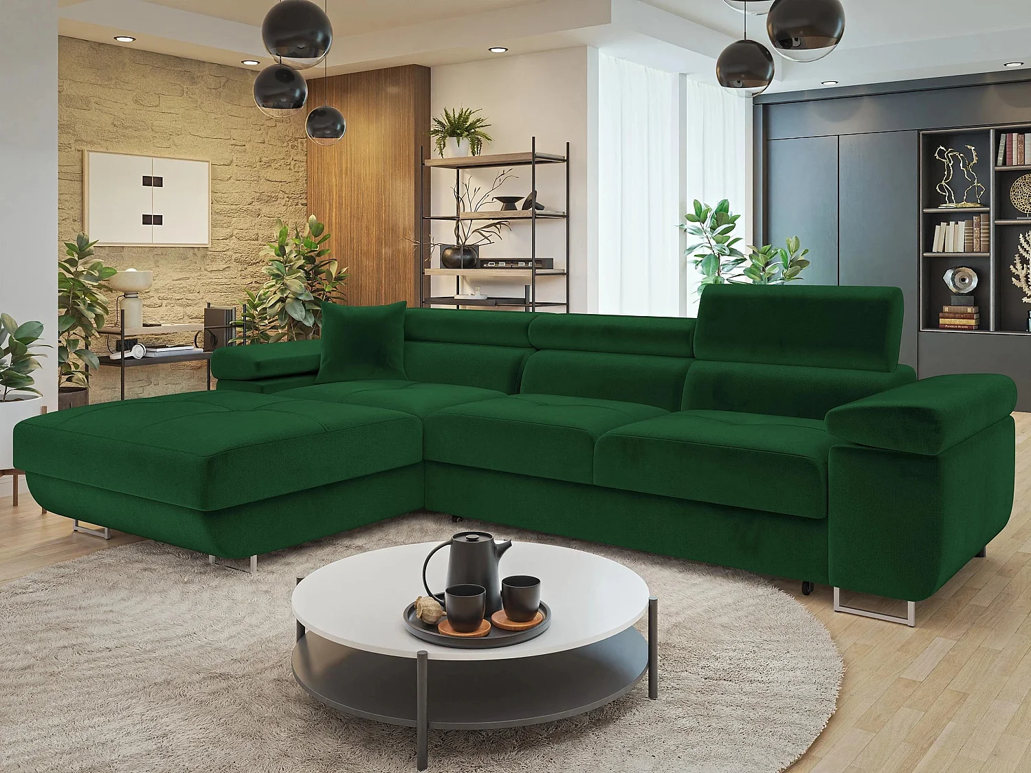 Sofá rinconero Comfivo Vinetum II, Verde, Función de descanso, Almacenaje, 280x170x70cm