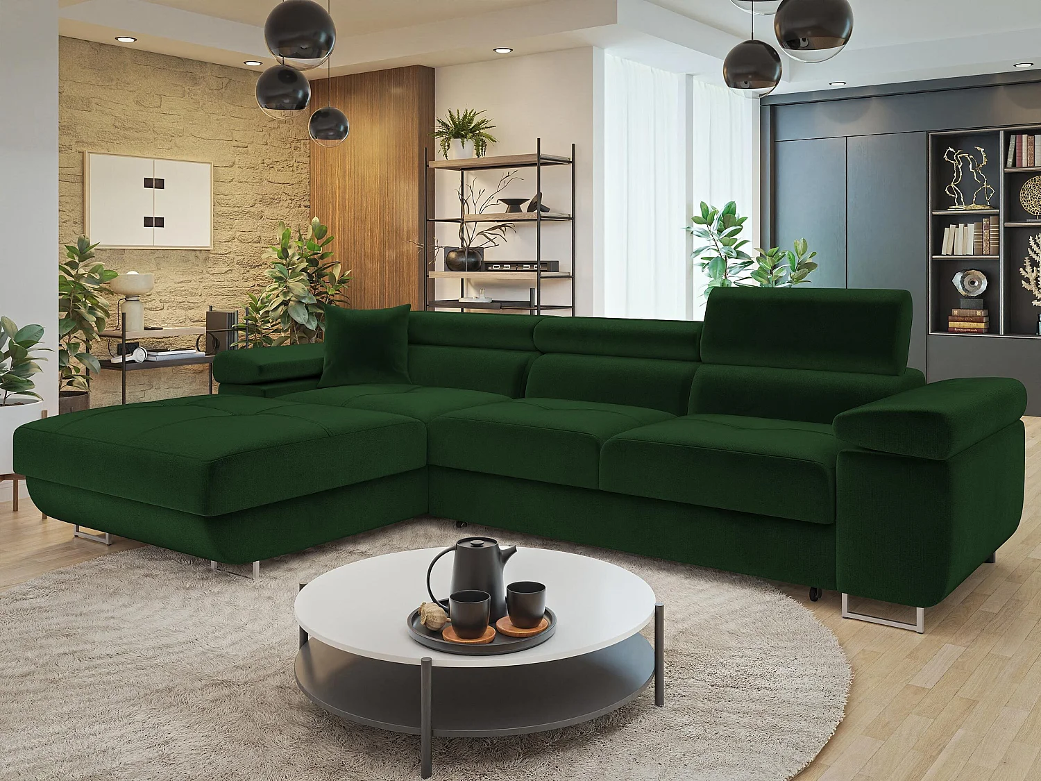 Sofá rinconero Comfivo Vinetum II, Verde, Función de descanso, Almacenaje, 280x170x70cm