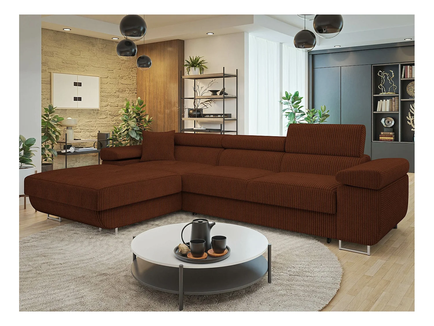 Canapé d'angle Comfivo Eliferu 102, Marron, Fonction de couchage, Boîte de literie, 280cm
