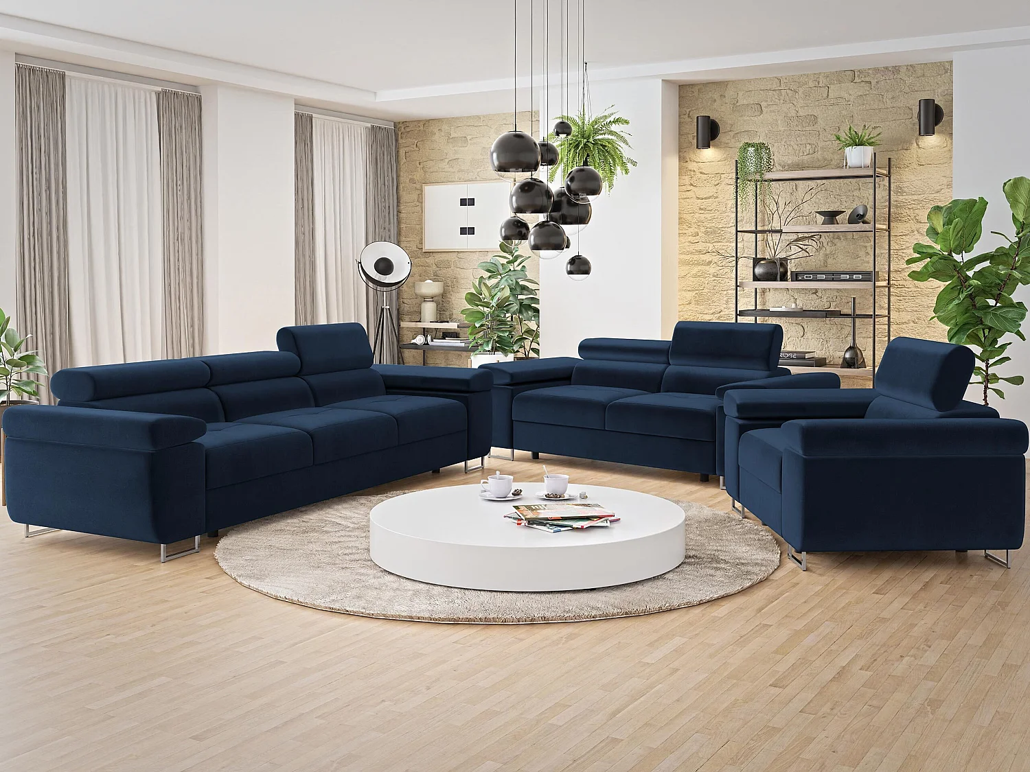 Canapé Comfivo Vinetum II, Bleu, 198x102x70cm, Tissu, Pieds: Plastique|Métal