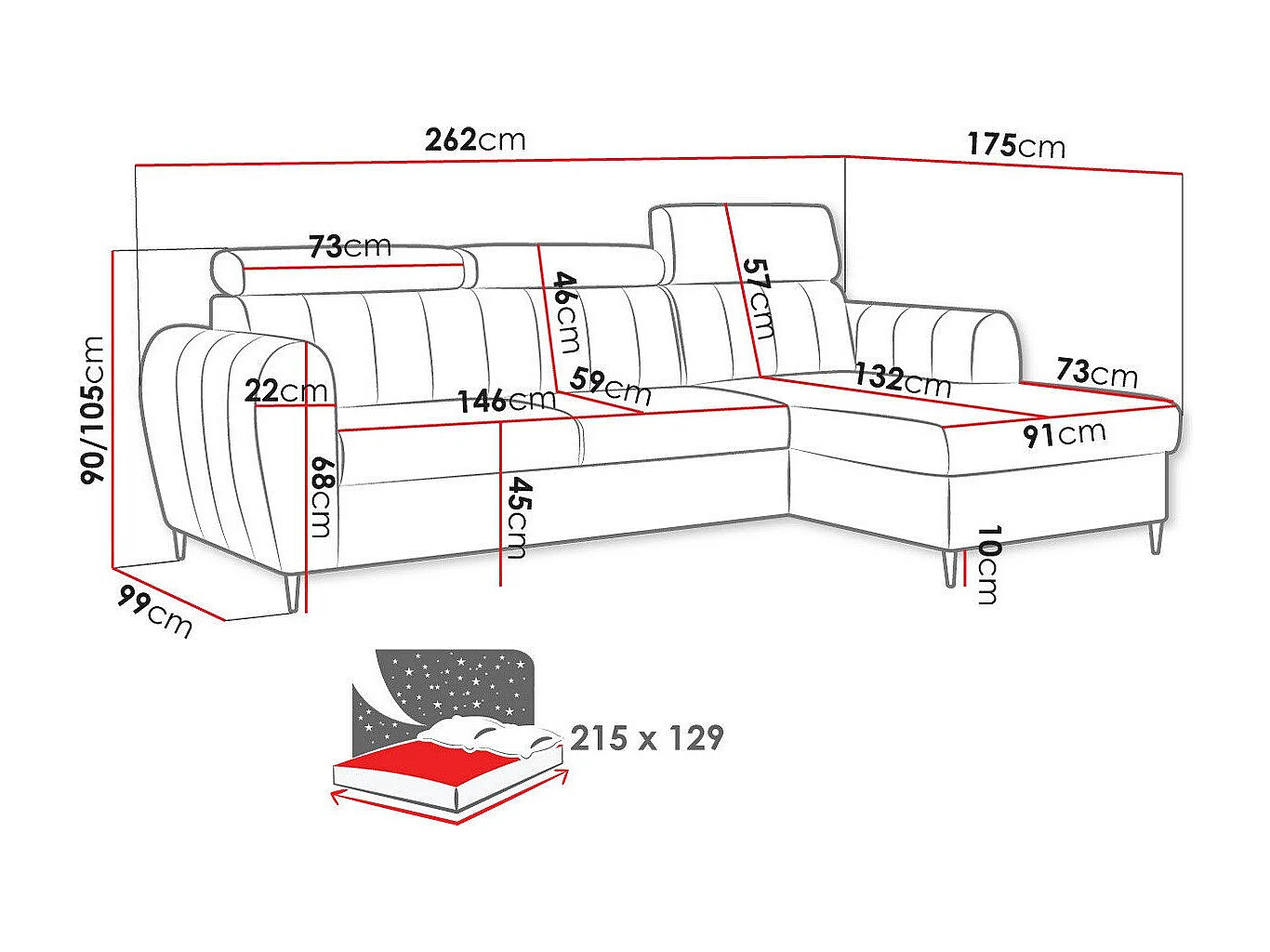Sofá rinconero Temple 126, Verde, Función de descanso, Almacenaje, 262x175x90cm